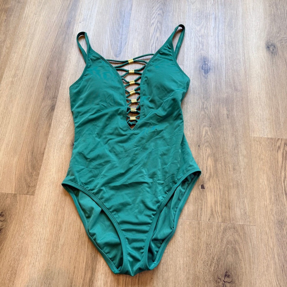 NWT Bleu Rod Beattie Gone Green Lace Up One Piece Swimsuit Gold Accents Size 6